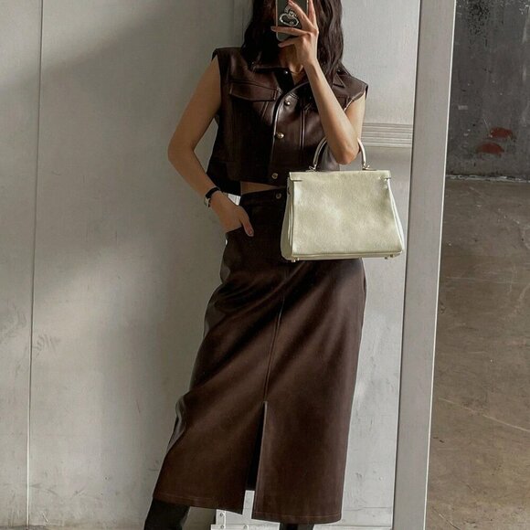 Brown Womens faux leather Sleeveless Jacket Vest & Split Hem Straigt skirt - Picture 6 of 9